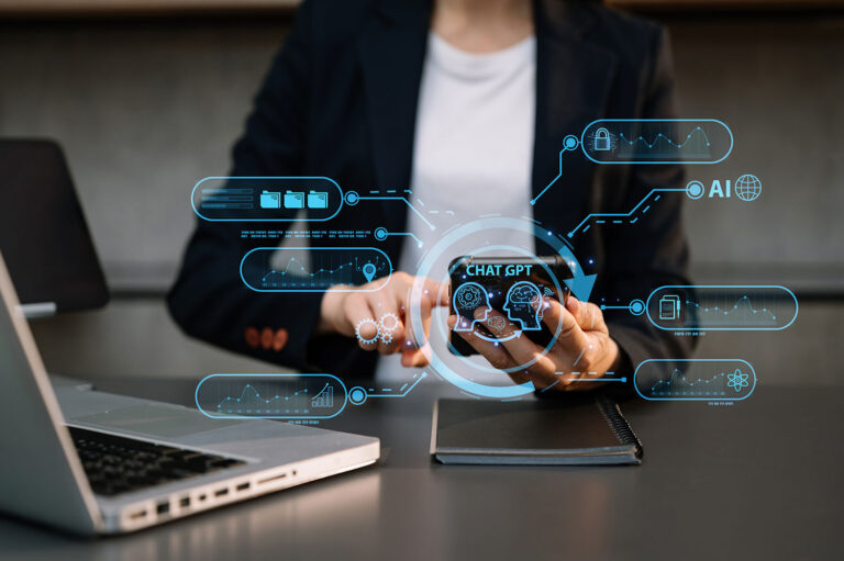 Woman using chatbot in computer and tablet smart intelligence Ai.A.I. Chat with AI Artificial Intelligence, developed by OpenAI generate. Futuristic technology, robot in online system.